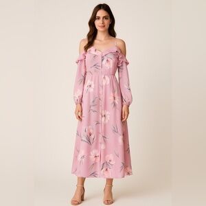 Love Fire Womens Midi Dress Sz Large Pink Floral Off Shoulder Boho Festival